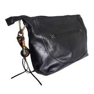 Vintage Y2K Black Leather Shoulder Bag With Brass Accents & Beaded Charm By The